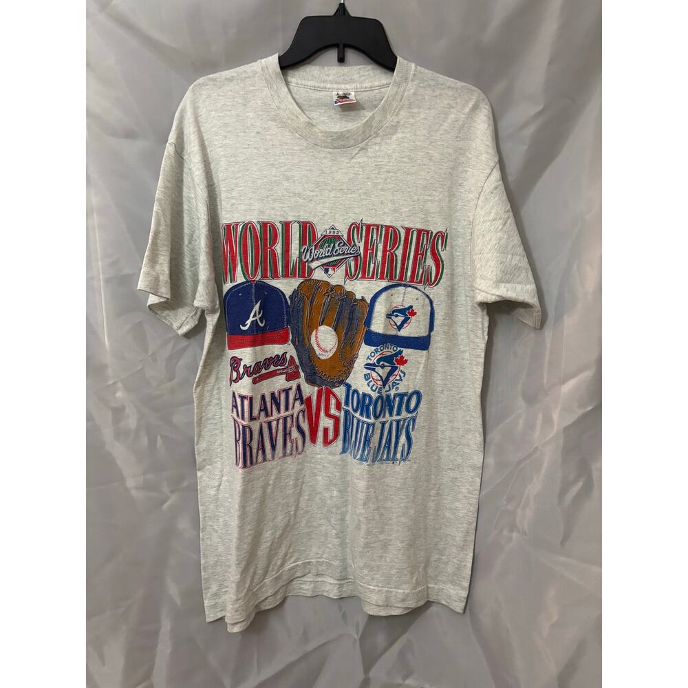 Vtg 92 World Series T-Shirt Atlanta Braves vs Toronto Blue Jays MLB Tee Size Lrg